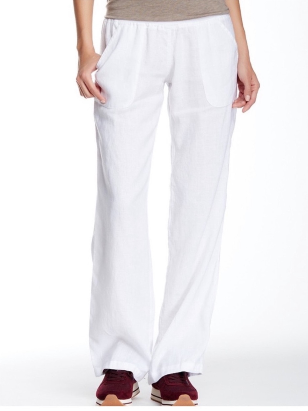 NWT Boutique size L Linen Pants white straight leg flowy elastic waist comfy